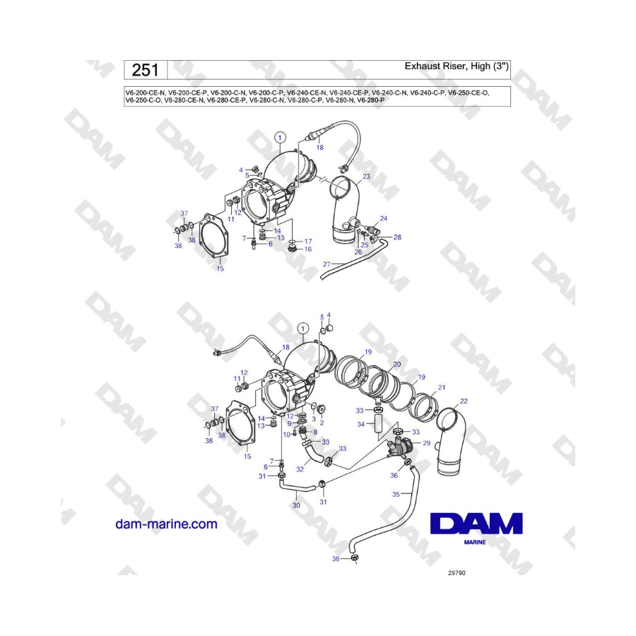 Volvo Penta V6-250 - Elevador de escape, alto (3'')