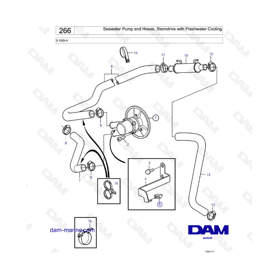 Volvo Penta 8.1L GSI - Seawater Pump and Hoses, Sterndrive with Freshwater Cooling