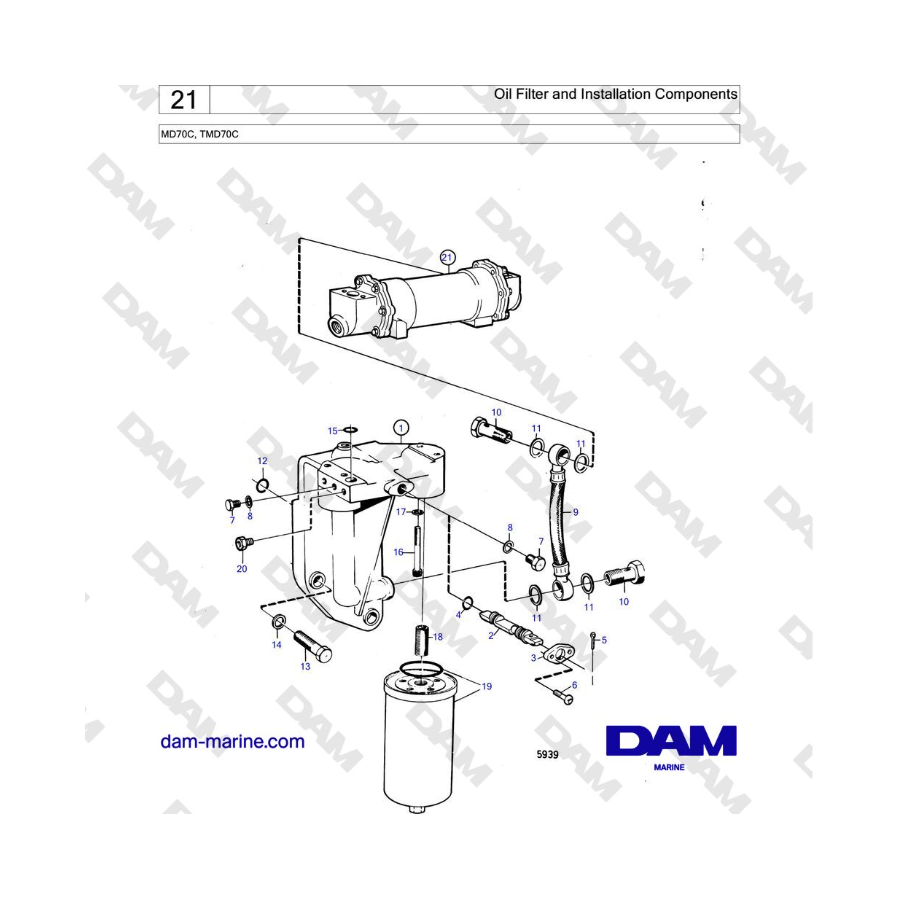 Volvo Penta TMD70 - Filtro de aceite y componentes de instalación