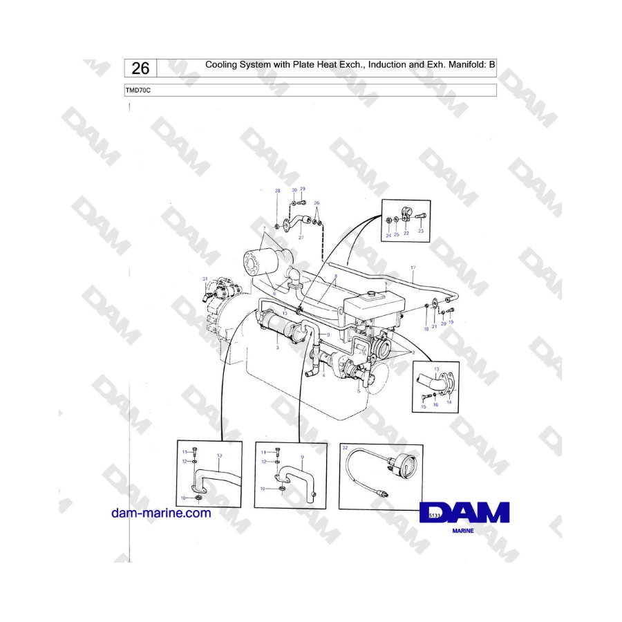 Volvo Penta TMD70 - Cooling System with Plate Heat Exch., Induction and Exh. Manifold: B