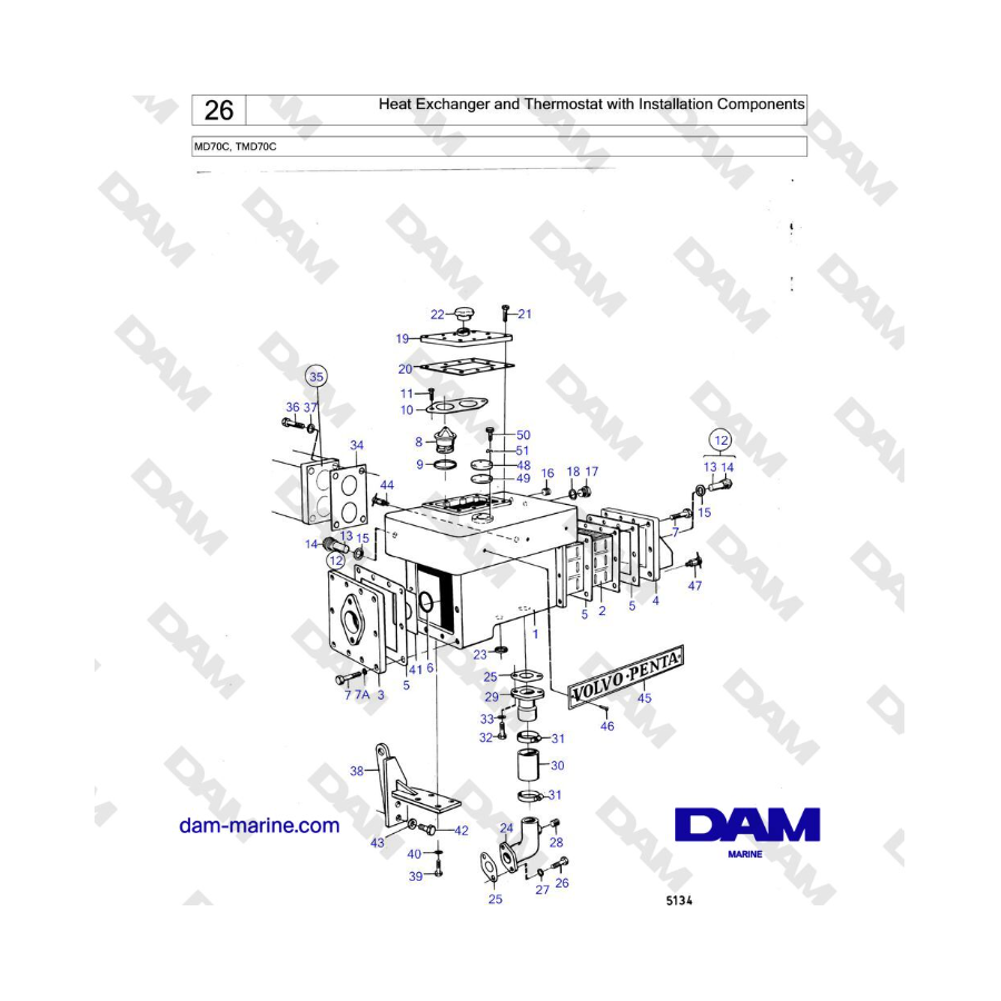 Volvo Penta MD70 / TMD70 - Heat Exchanger and Thermostat with Installation Components