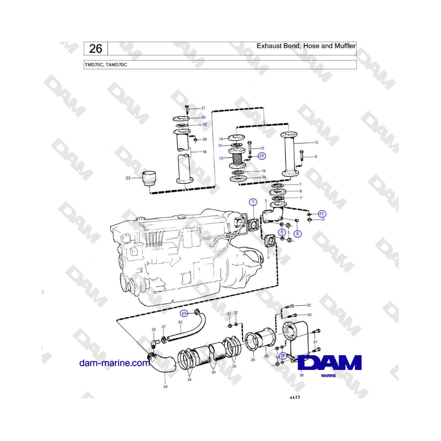 Volvo Penta TMD70 / TAMD70 - Codo de escape, manguera y silenciador