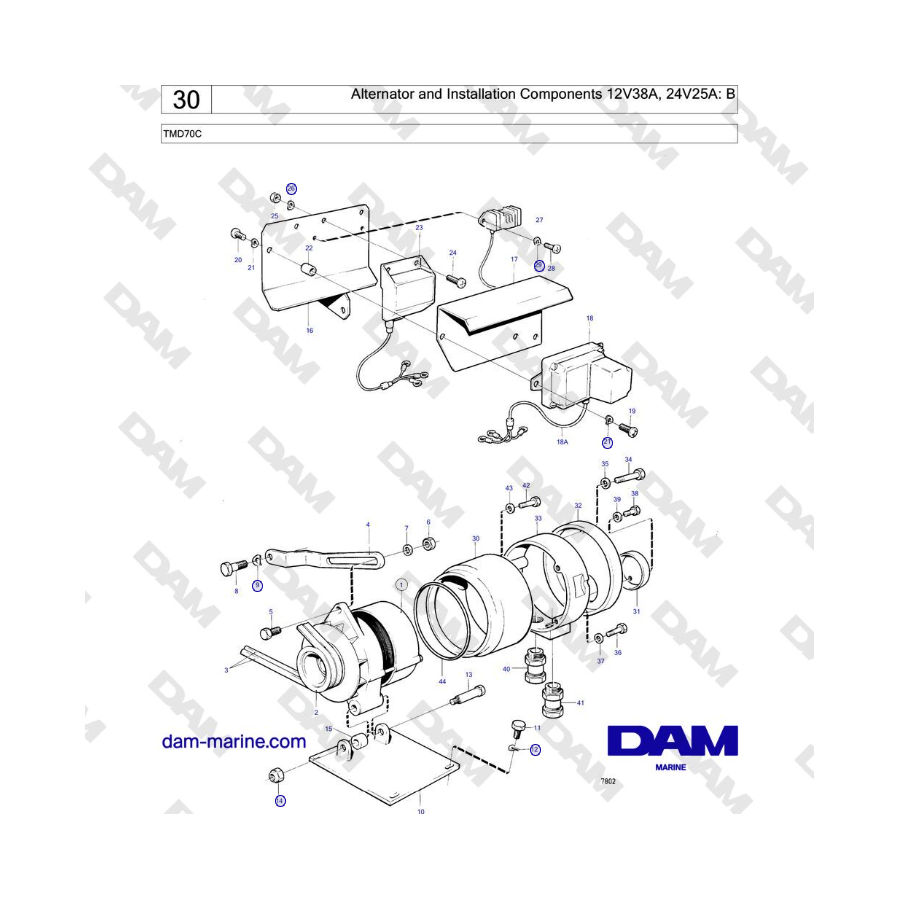 Volvo Penta TMD70 - Alternador y componentes de instalación 12V38A, 24V25A: B