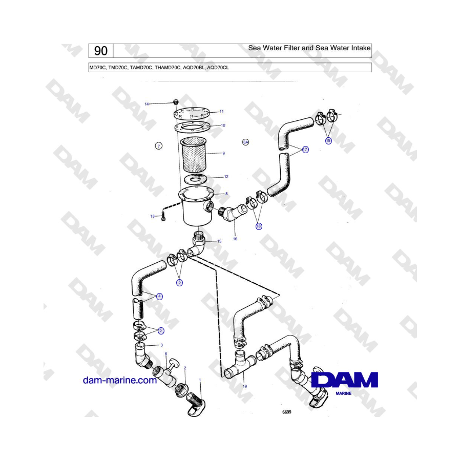 Volvo Penta TMD70 / TAMD70 - Filtro de agua de mar y toma de agua de mar