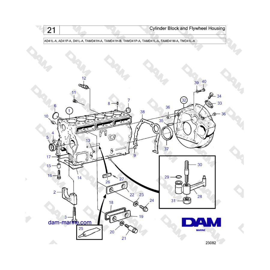 Volvo Penta AD41L-A, AD41P-A, D41L-A, TAMD41P-A, TAMD41L-A, TAMD41M-A, TMD41L-A - Bloque de cilindros y carcasa del volante