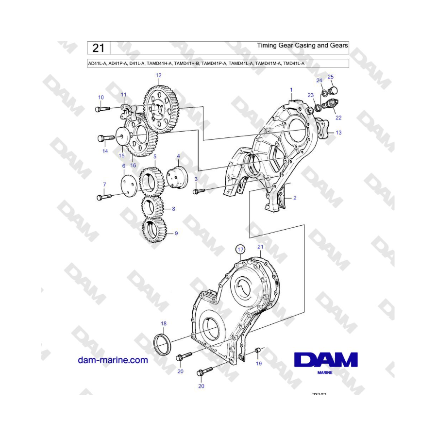 Volvo Penta AD41L-A, AD41P-A, D41L-A, TAMD41P-A, TAMD41L-A, TAMD41M-A, TMD41L-A - Caja y engranajes de distribución