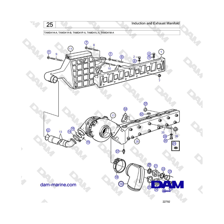 Volvo Penta TAMD41H-A, TAMD41H-B, TAMD41P-A, TAMD41L-A, TAMD41M-A - Induction and Exhaust Manifold