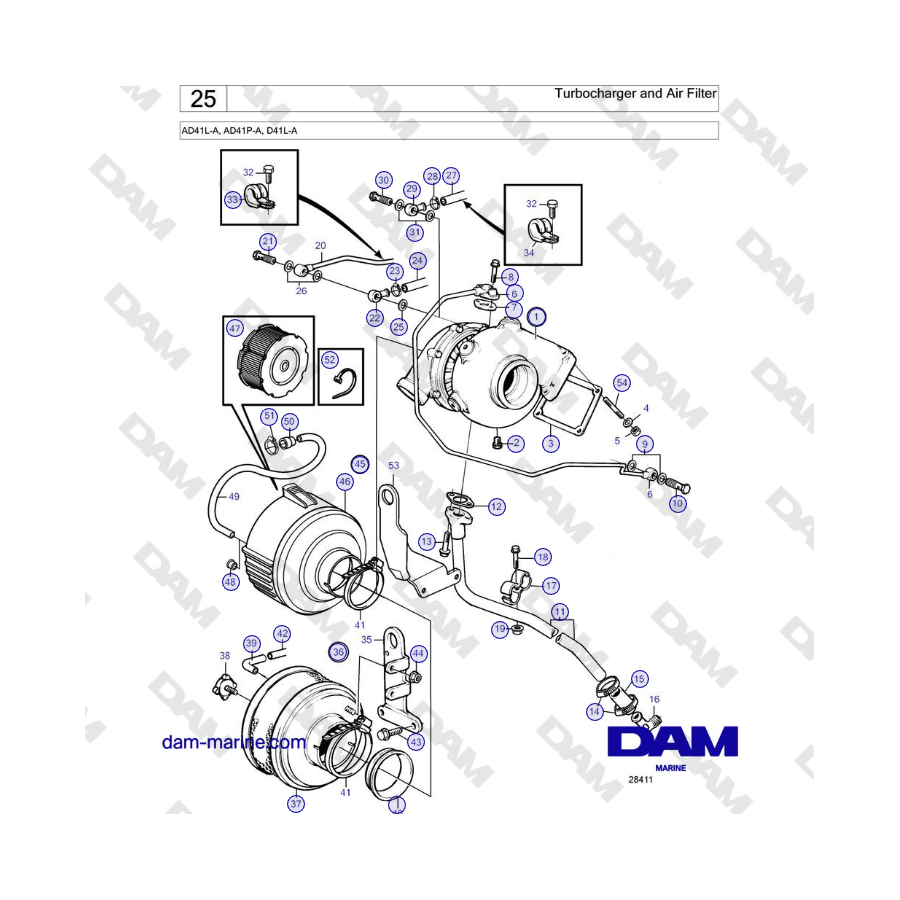 Volvo Penta AD41L-A, AD41P-A, D41L-A - Turbocharger and Air Filter