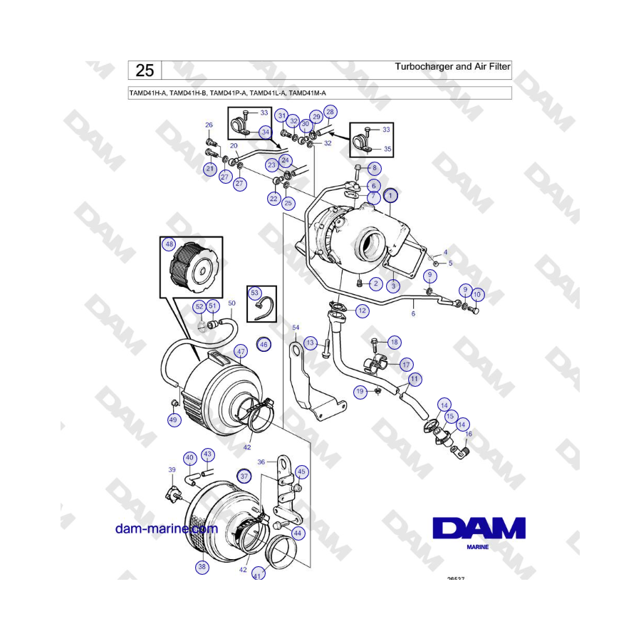 Volvo Penta TAMD41H-A, TAMD41H-B, TAMD41P-A, TAMD41L-A, TAMD41M-A - Turbocompresor y filtro de aire