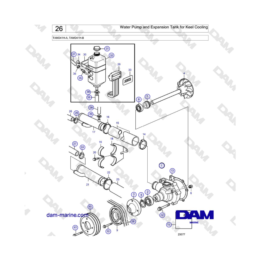 Volvo Penta TAMD41H-A, TAMD41H-B - Water Pump and Expansion Tank for Keel Cooling