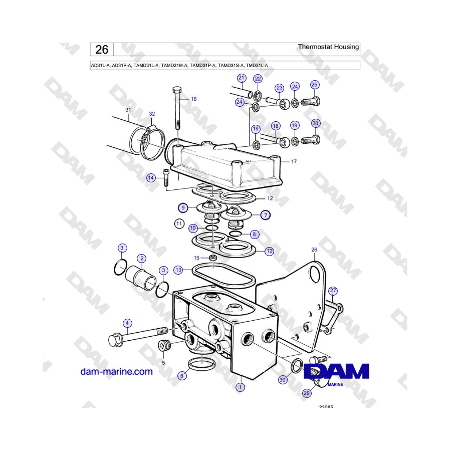 Volvo Penta AD31L-A, AD31P-A, TAMD31L-A, TAMD31M-A, TAMD31P-A, TAMD31S-A, TMD31L-A - Caja del termostato