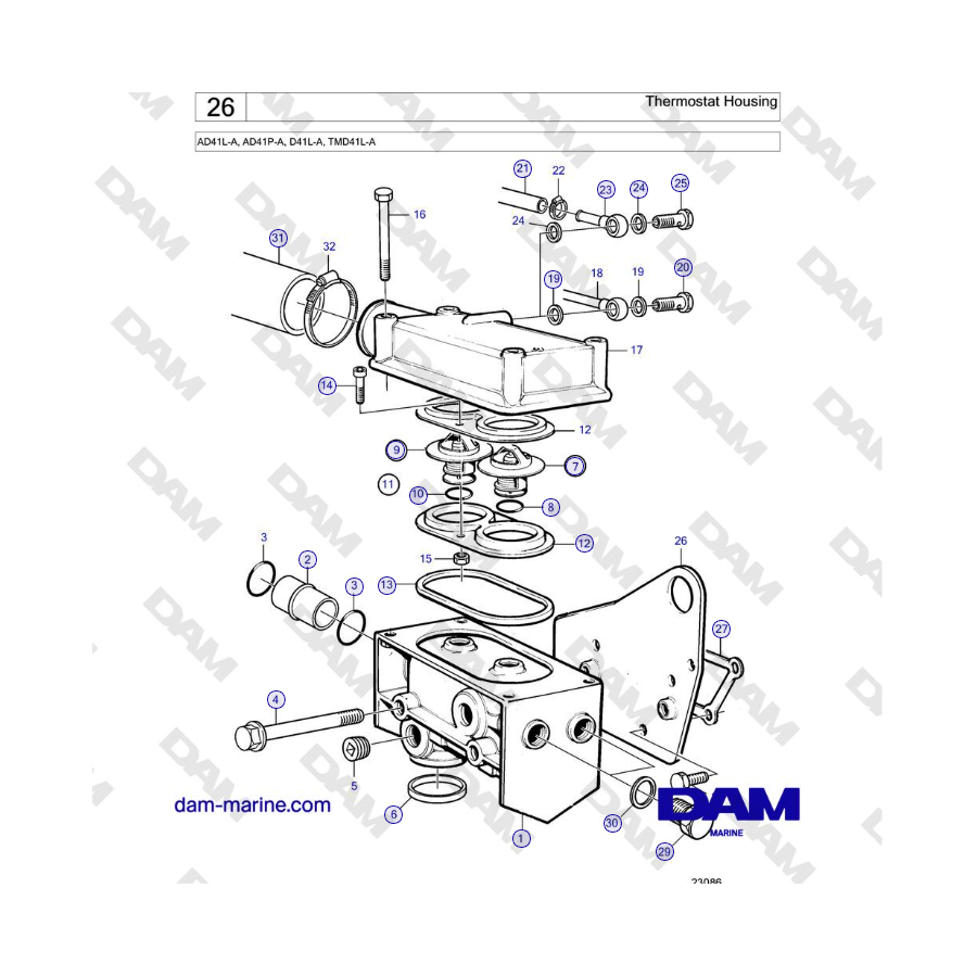 Volvo Penta AD41L-A, AD41P-A, D41L-A, TMD41L-A - Caja del termostato