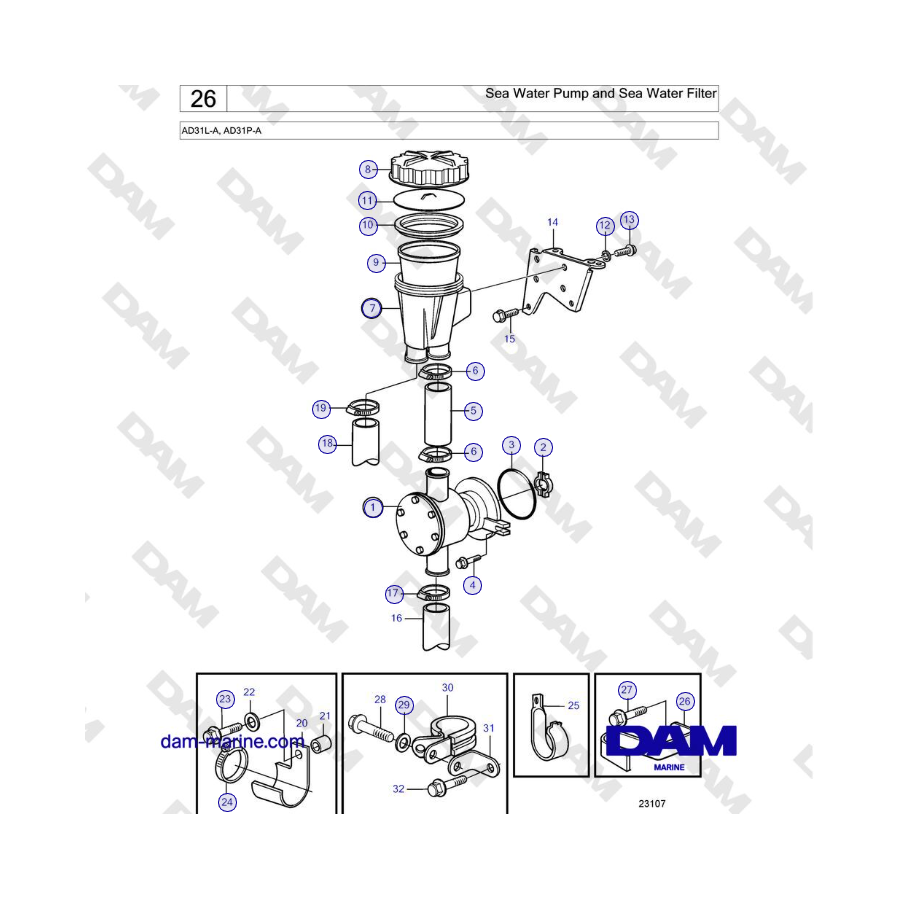 Volvo Penta AD31L-A / AD31P-A - Sea Water Pump and Sea Water Filter