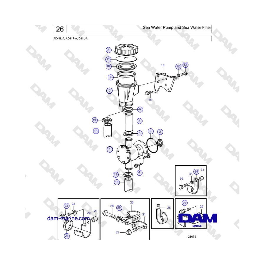 Volvo Penta AD41L-A, AD41P-A, D41L-A - Sea Water Pump and Sea Water Filter