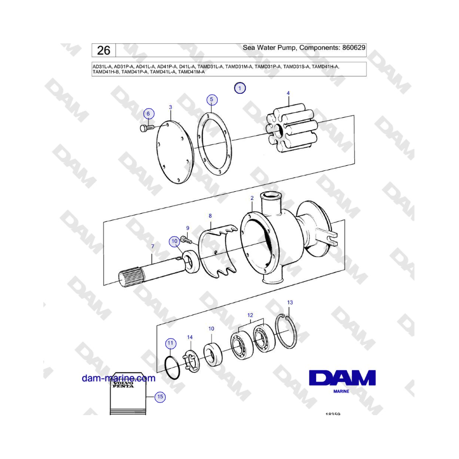 Volvo Penta AD31L-A, AD31P-A, AD41L-A, AD41P-A, D41L-A, TAMD31, TAMD41 - Bomba de agua de mar, componentes