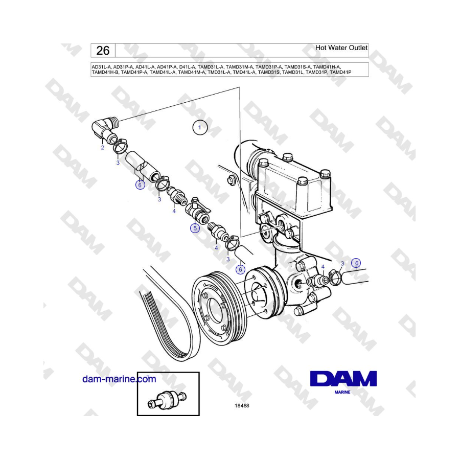 Volvo Penta AD31L-A, AD31P-A, AD41L-A, AD41P-A, D41L-A, TAMD31, TAMD41, TMD31, TMD41 - Salida de agua caliente