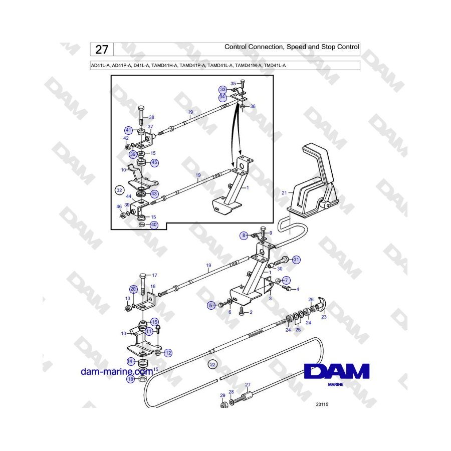 Volvo Penta AD41L-A, AD41P-A, D41L-A, TAMD41H-A, TAMD41P/L/M, TMD41L-A - Conexión de control, control de velocidad y parada