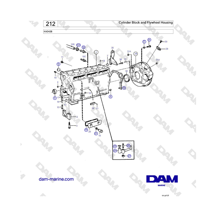 Volvo Penta KAD42B - Bloque de cilindros y carcasa del volante