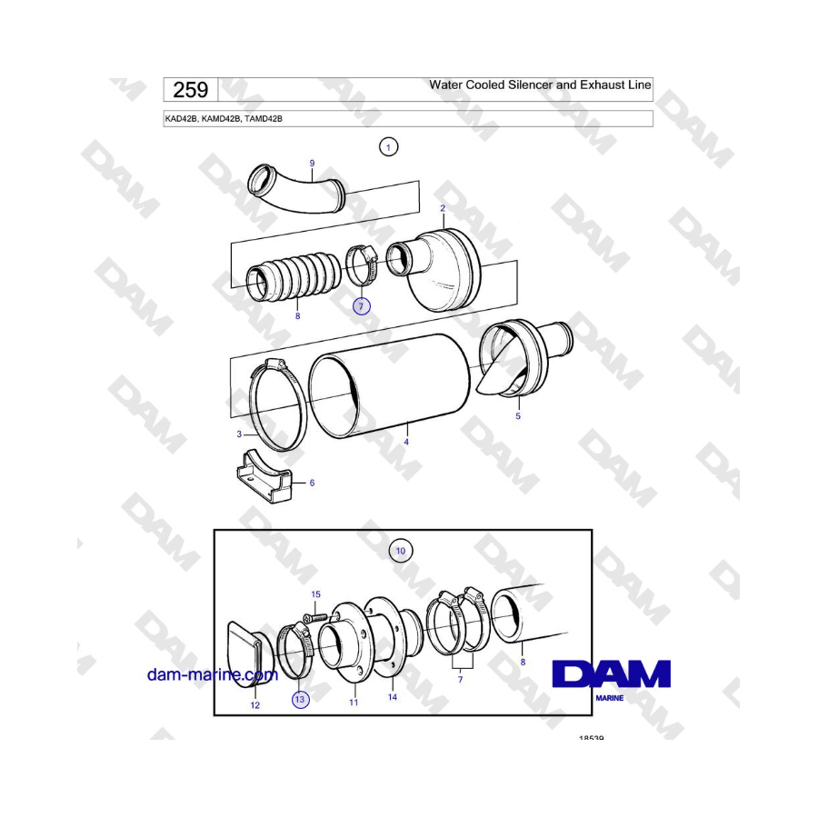 Volvo Penta KAD42B / KAMD42B / TAMD42B - Water Cooled Silencer and Exhaust Line