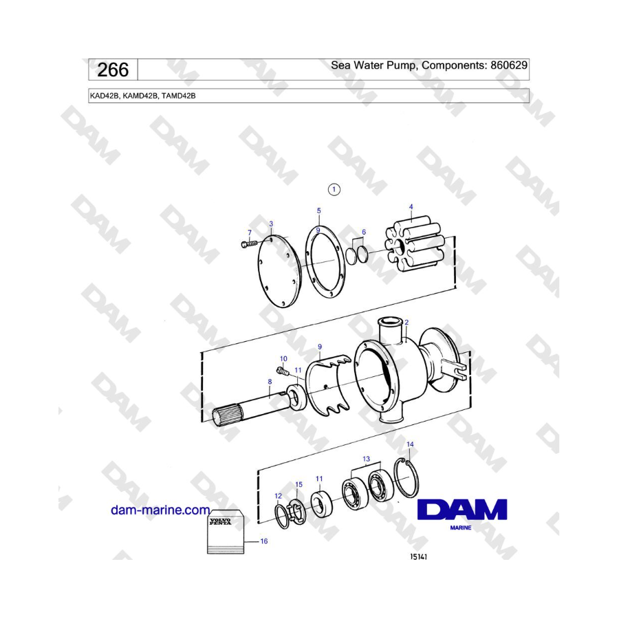 Volvo Penta KAD42B / KAMD42B / TAMD42B - Bomba de agua de mar, Componentes: 860629