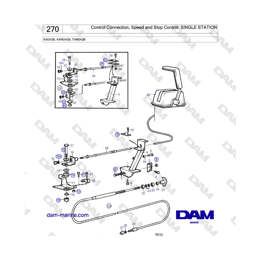 Volvo Penta KAD42B / KAMD42B / TAMD42B - Conexión de control, control de velocidad y parada: ESTACIÓN ÚNICA