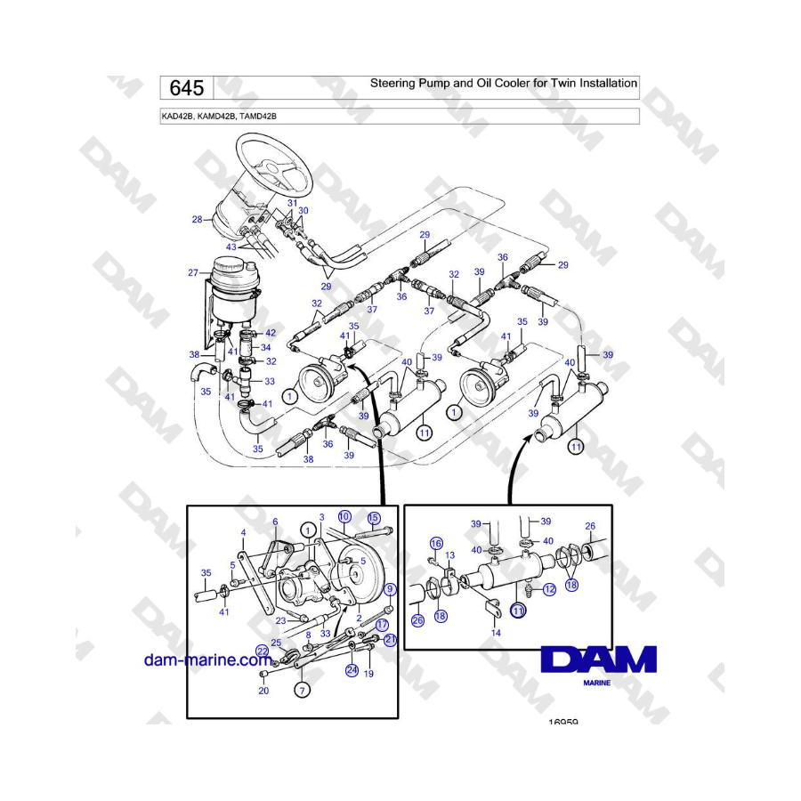 Volvo Penta KAD42B / KAMD42B / TAMD42B - Bomba de dirección y enfriador de aceite para instalación doble