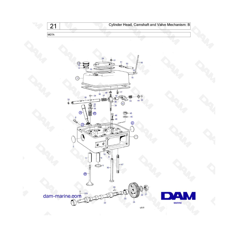 Volvo Penta MD7A - Culata, árbol de levas y mecanismo de válvulas: B