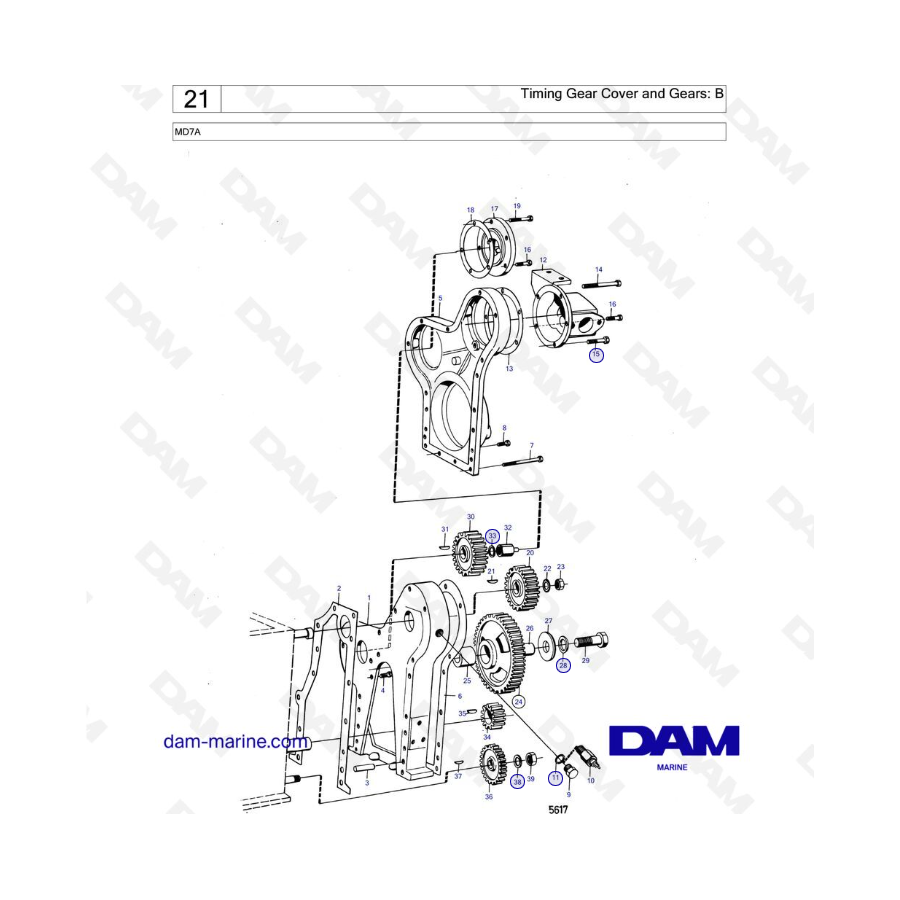 Volvo Penta MD7A - Cubierta de engranajes de distribución y engranajes: B