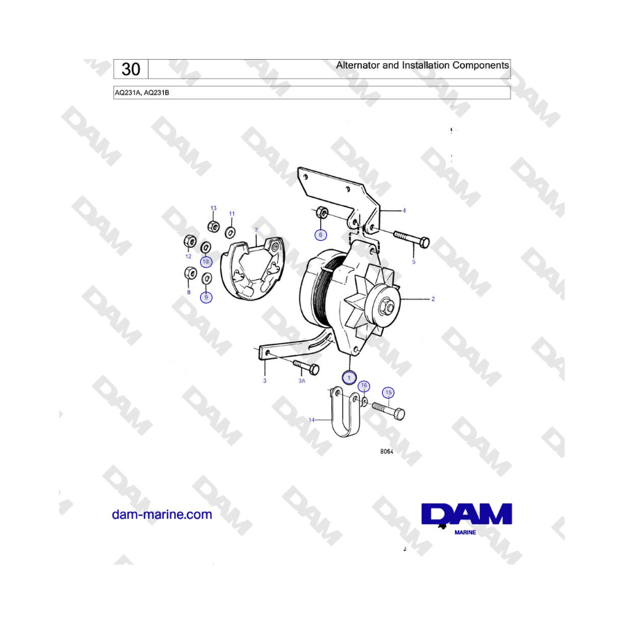 Volvo Penta AQ231A, AQ231B - Alternador y componentes de instalación