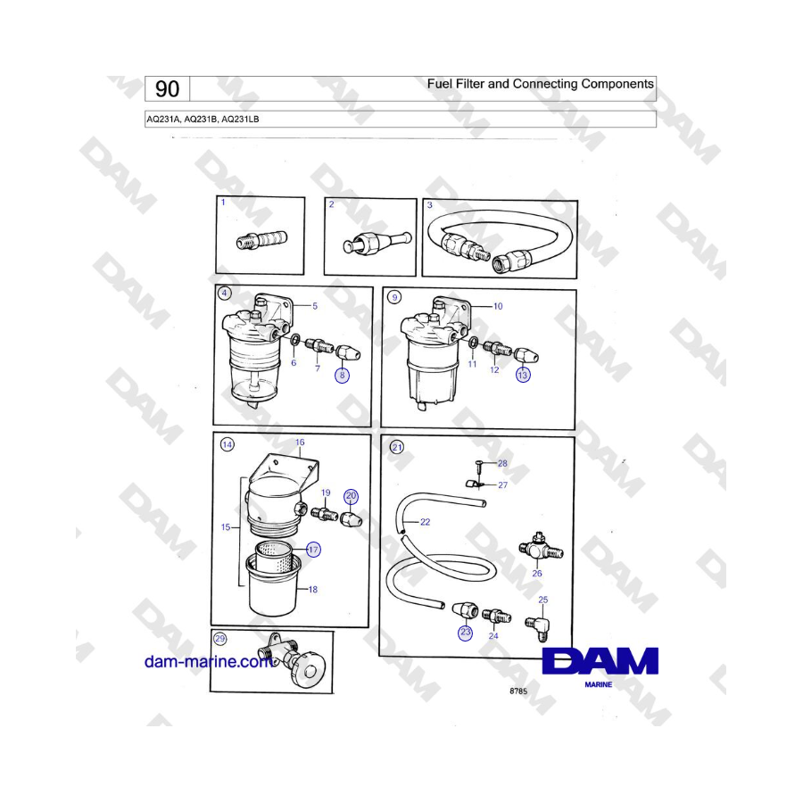 Volvo Penta AQ231A, AQ231B, AQ231LB - Filtro de combustible y componentes de conexión