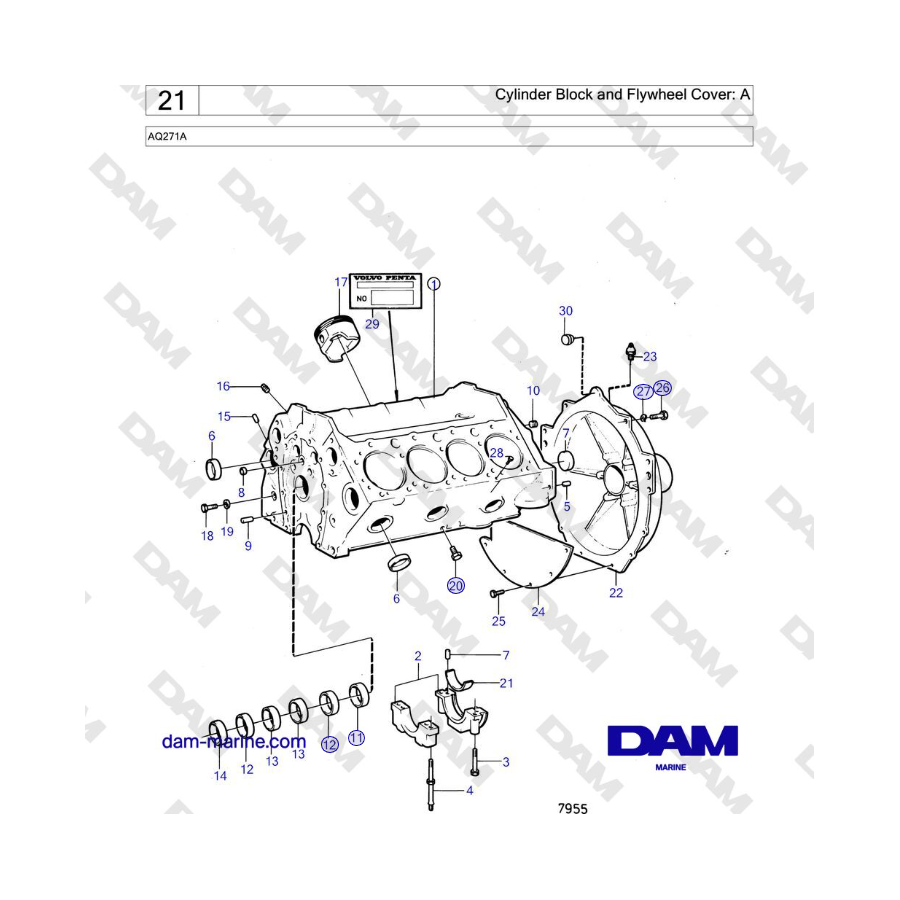 Volvo Penta AQ271 - Bloque de cilindros y tapa del volante: A