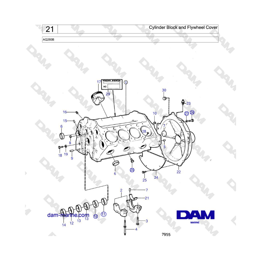 Volvo Penta AQ260B - Bloque de cilindros y tapa del volante