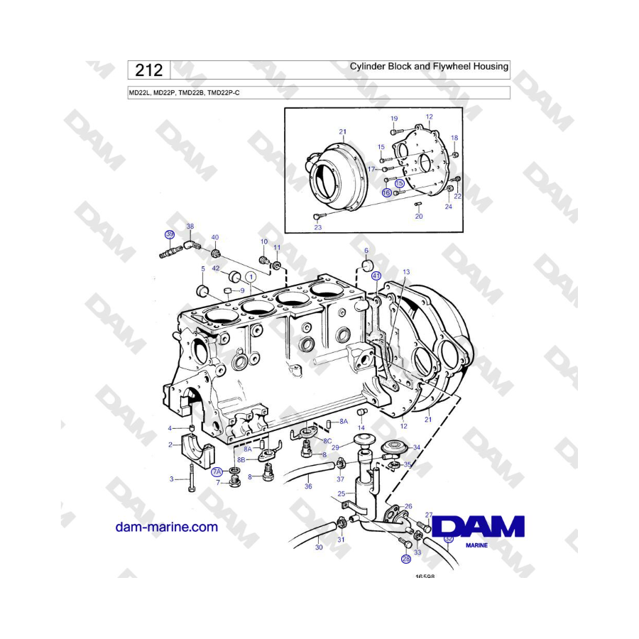 Volvo Penta MD22L, MD22P, TMD22B, TMD22P-C - Bloque de cilindros y carcasa del volante