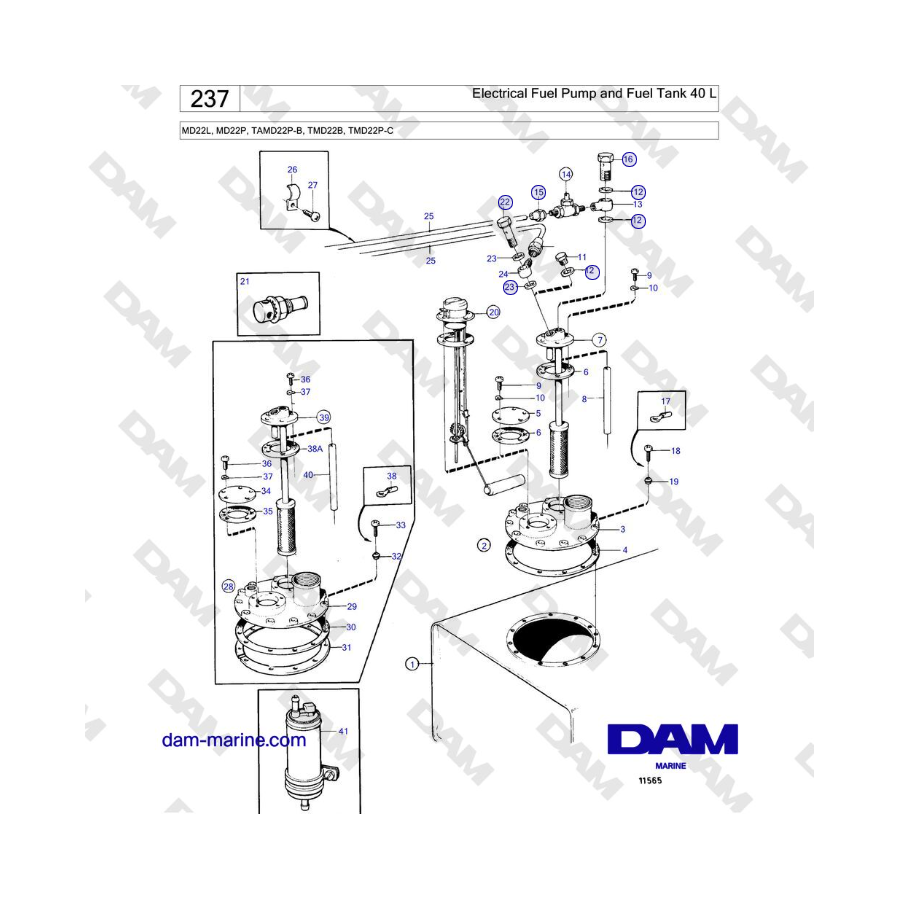 Volvo Penta MD22L, MD22P, TAMD22P-B, TMD22B, TMD22P-C - Bomba eléctrica de combustible y depósito de combustible 40 L