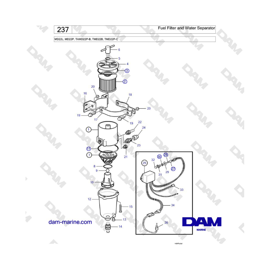 Volvo Penta MD22L, MD22P, TAMD22P-B, TMD22B, TMD22P-C - Filtro de combustible y separador de agua