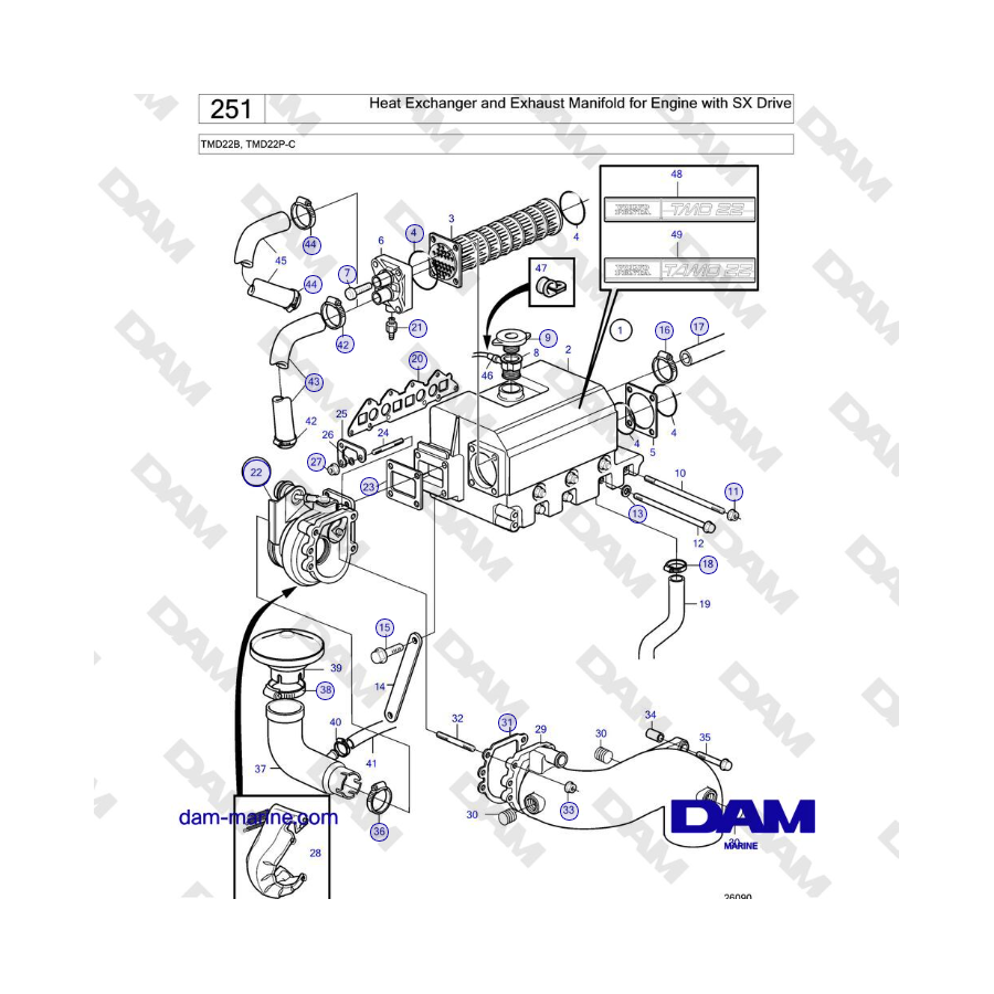 Volvo Penta TMD22B, TMD22P-C - Heat Exchanger and Exhaust Manifold for Engine with SX Drive