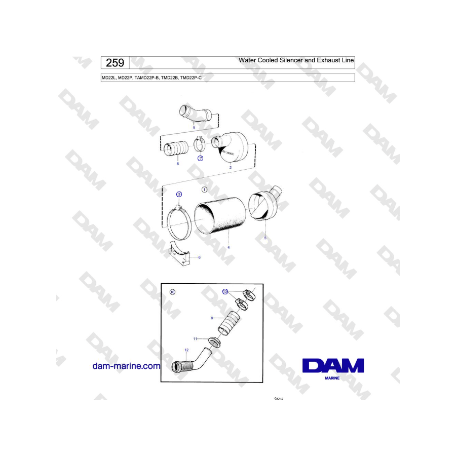 Volvo Penta MD22L, MD22P, TAMD22P-B, TMD22B, TMD22P-C - Silenciador refrigerado por agua y línea de escape