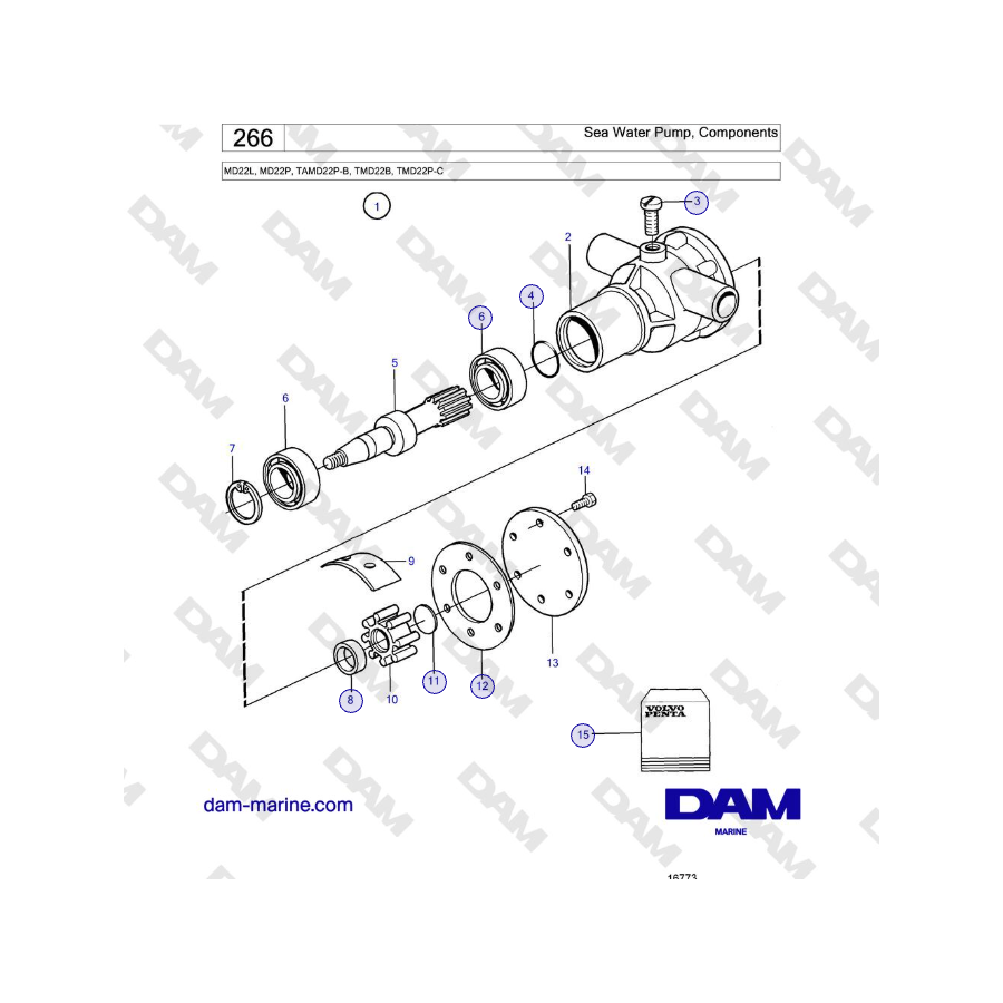 Volvo Penta MD22L, MD22P, TAMD22P-B, TMD22B, TMD22P-C - Bomba de agua de mar, componentes