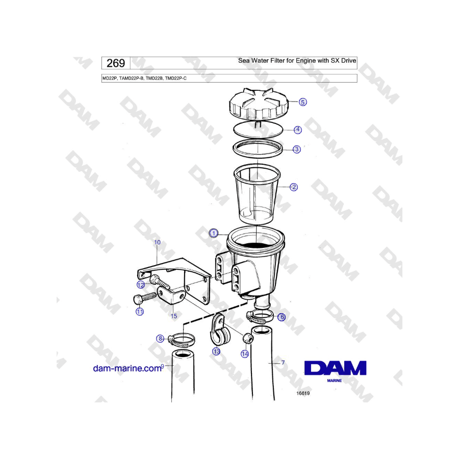 Volvo Penta MD22P, TAMD22P-B, TMD22B, TMD22P-C - Filtro de agua de mar para motor con accionamiento SX