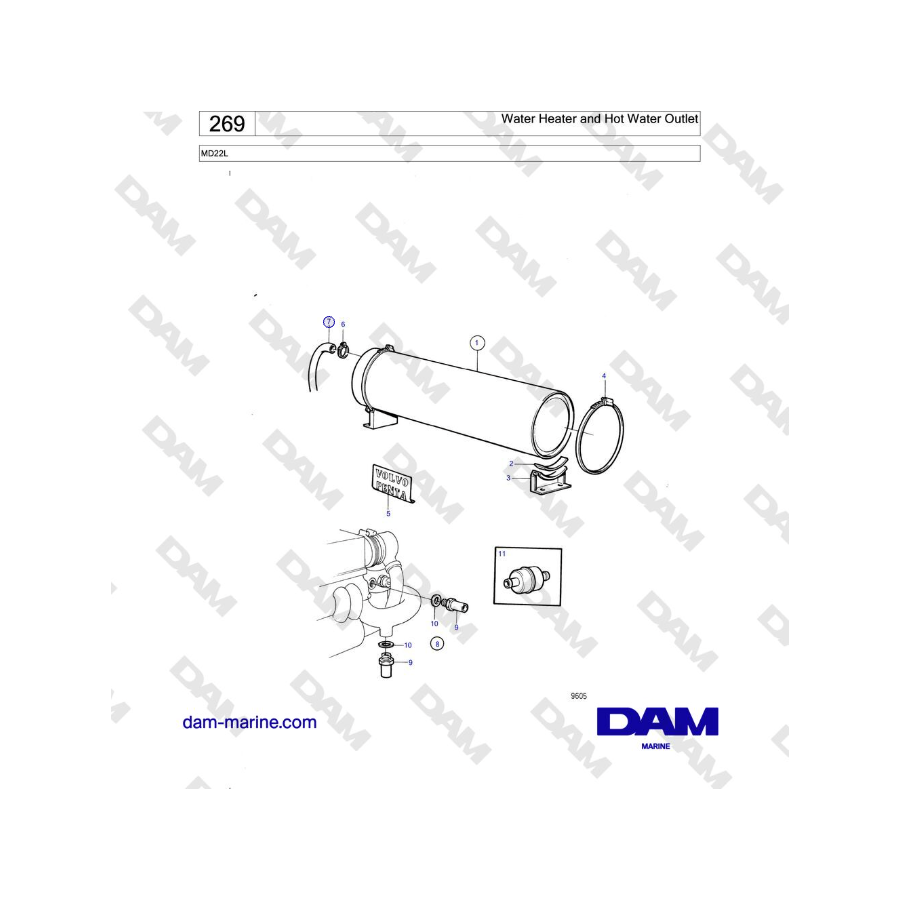 Volvo Penta MD22L - Calentador de agua y salida de agua caliente