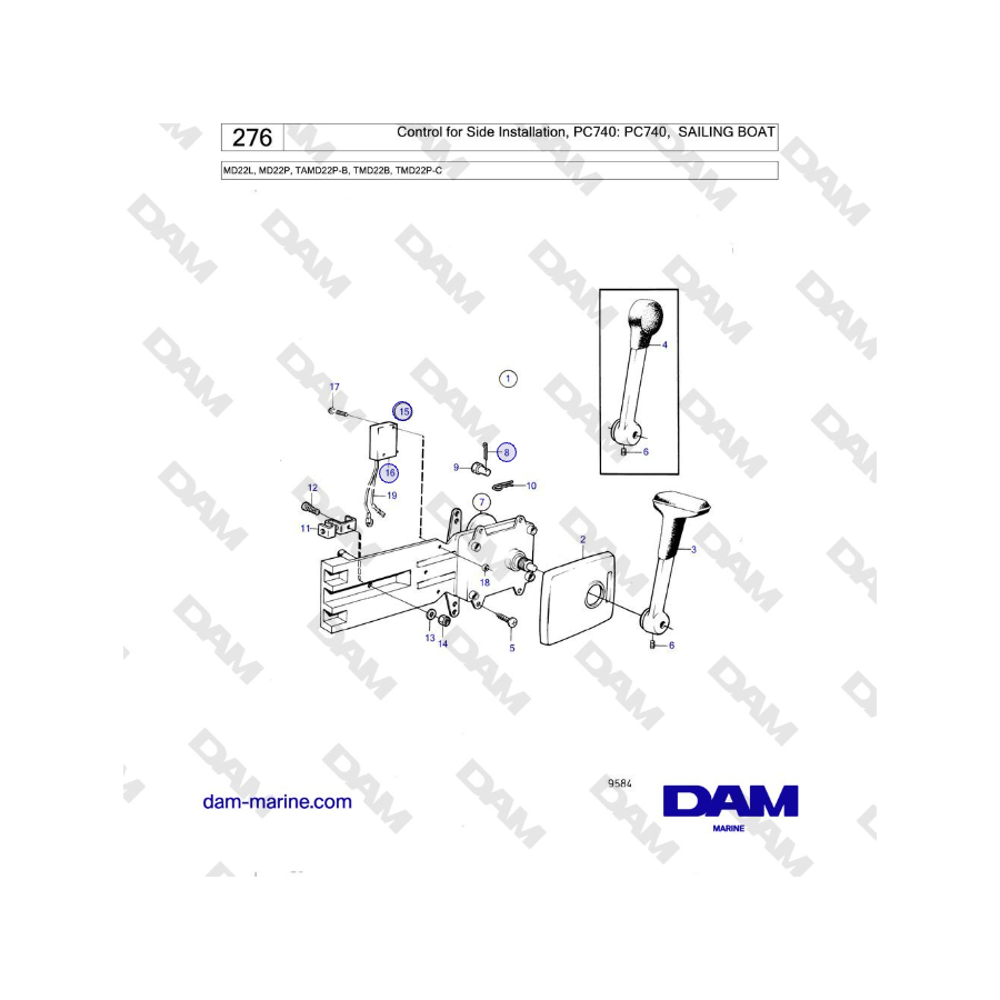 Volvo Penta MD22L, MD22P, TAMD22P-B, TMD22B, TMD22P-C - Control for Side Installation, PC740: PC740, SAILING BOAT