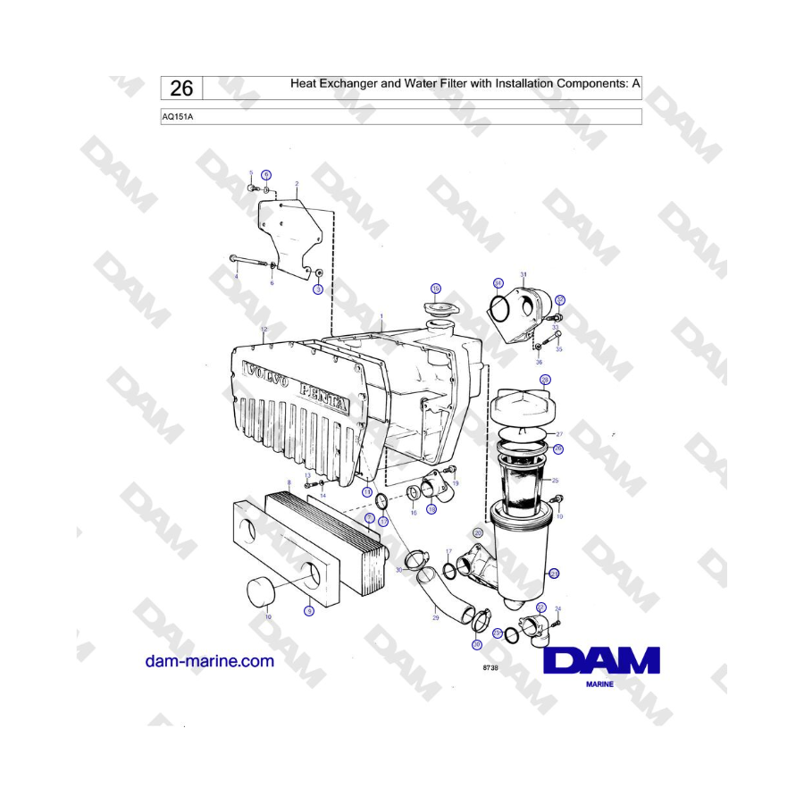 Volvo Penta AQ151A - Heat Exchanger and Water Filter with Installation Components: A 