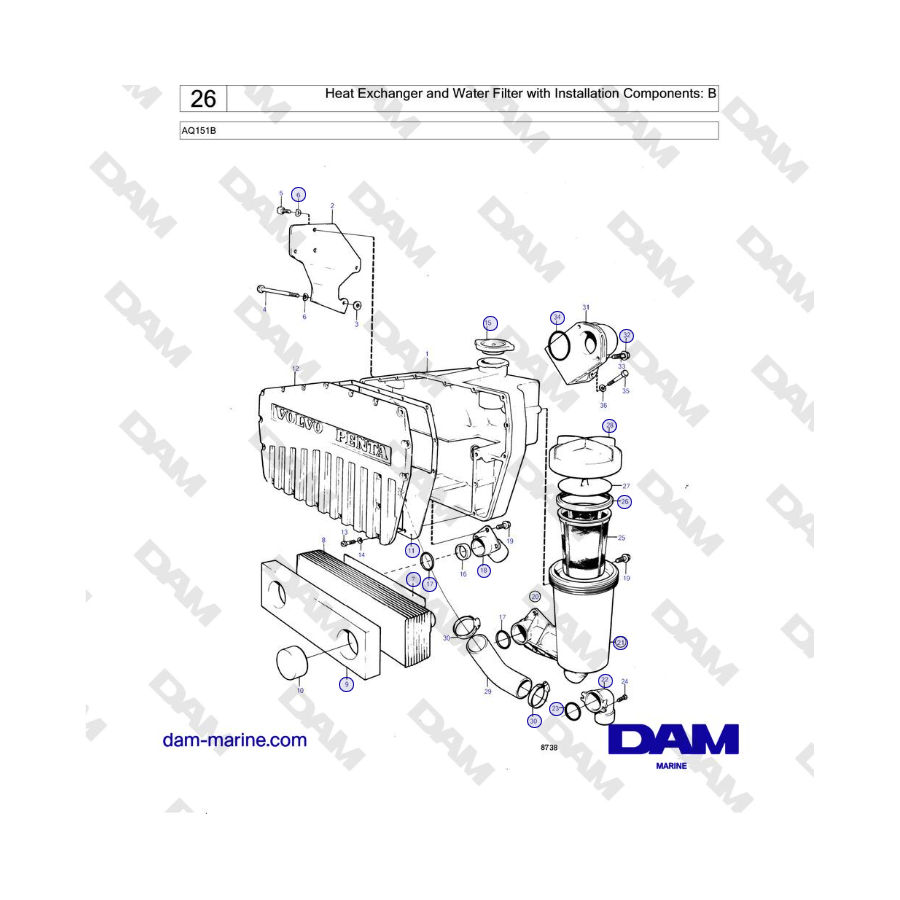 Volvo Penta AQ151B - Heat Exchanger and Water Filter with Installation Components: B