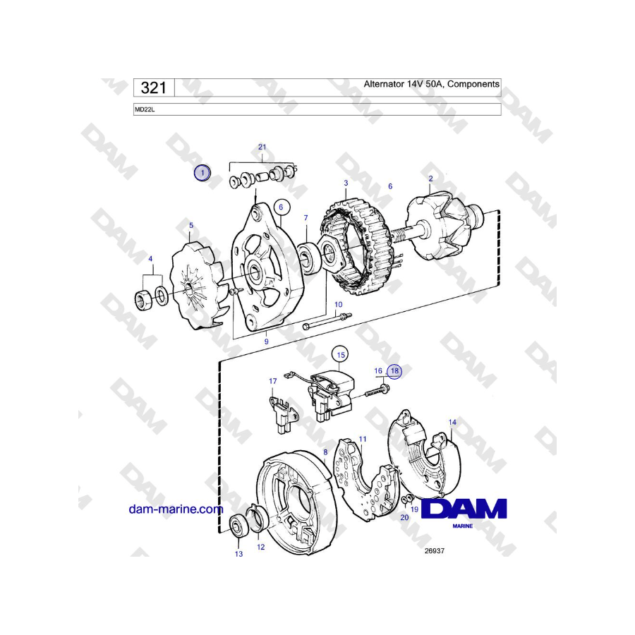 Volvo Penta MD22L - Alternador 14V 50A, Componentes