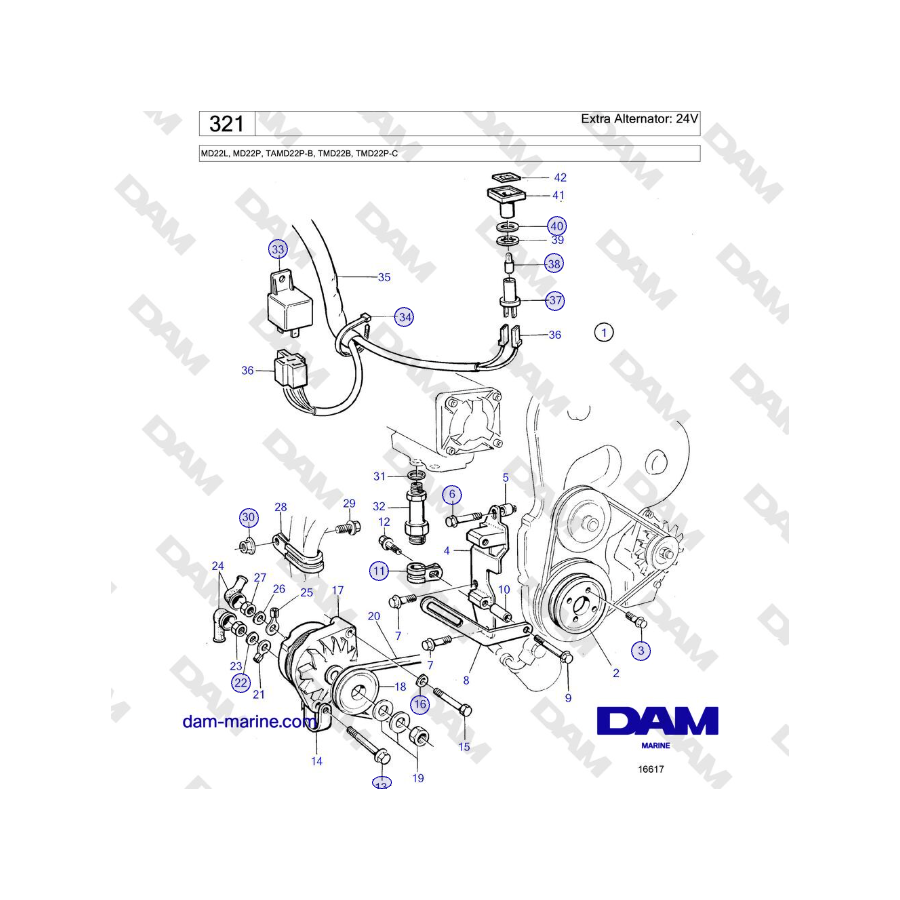 Volvo Penta MD22L, MD22P, TAMD22P-B, TMD22B, TMD22P-C - Alternador adicional: 24V