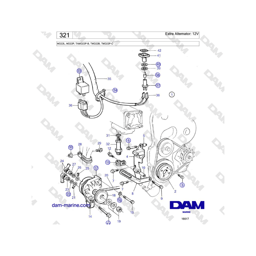 Volvo Penta MD22L, MD22P, TAMD22P-B, TMD22B, TMD22P-C - Alternador adicional: 12V