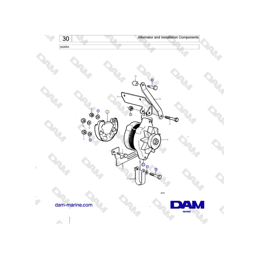 Volvo Penta AQ205A - Alternator and Installation Components