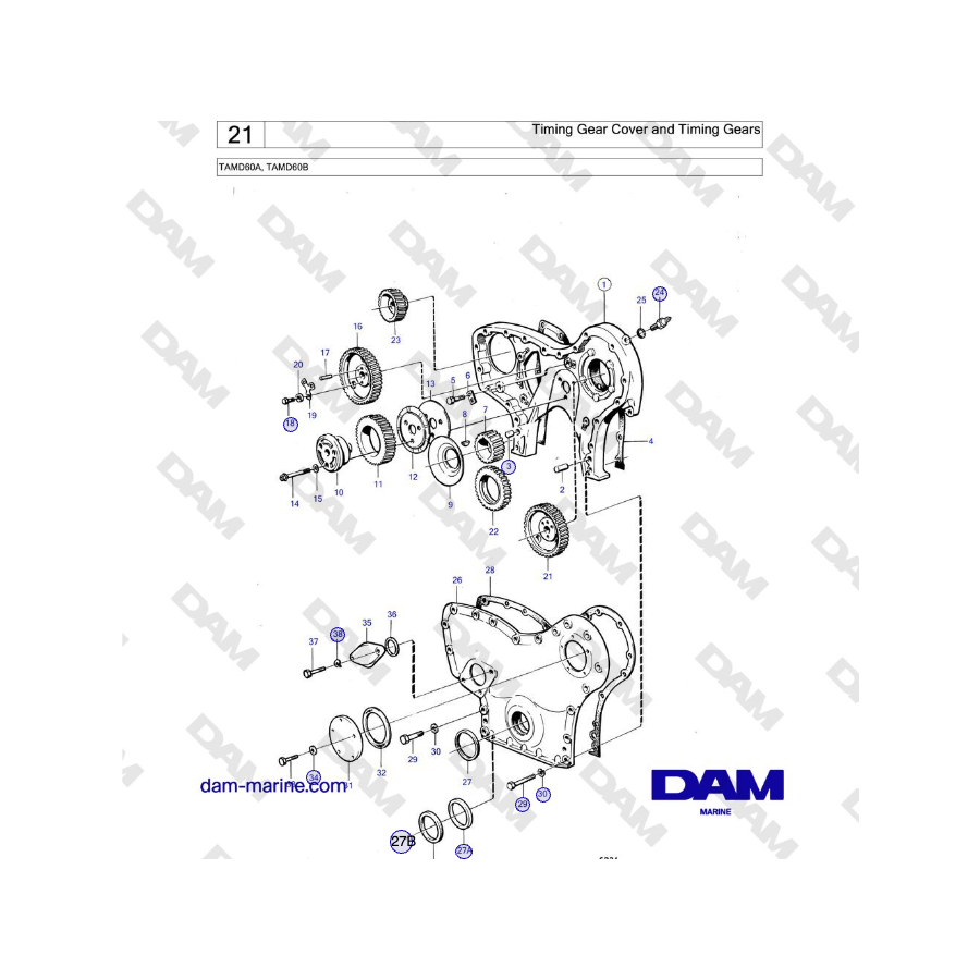 Volvo Penta TAMD60A, TAMD60B - Cubierta de engranajes de distribución y engranajes de distribución