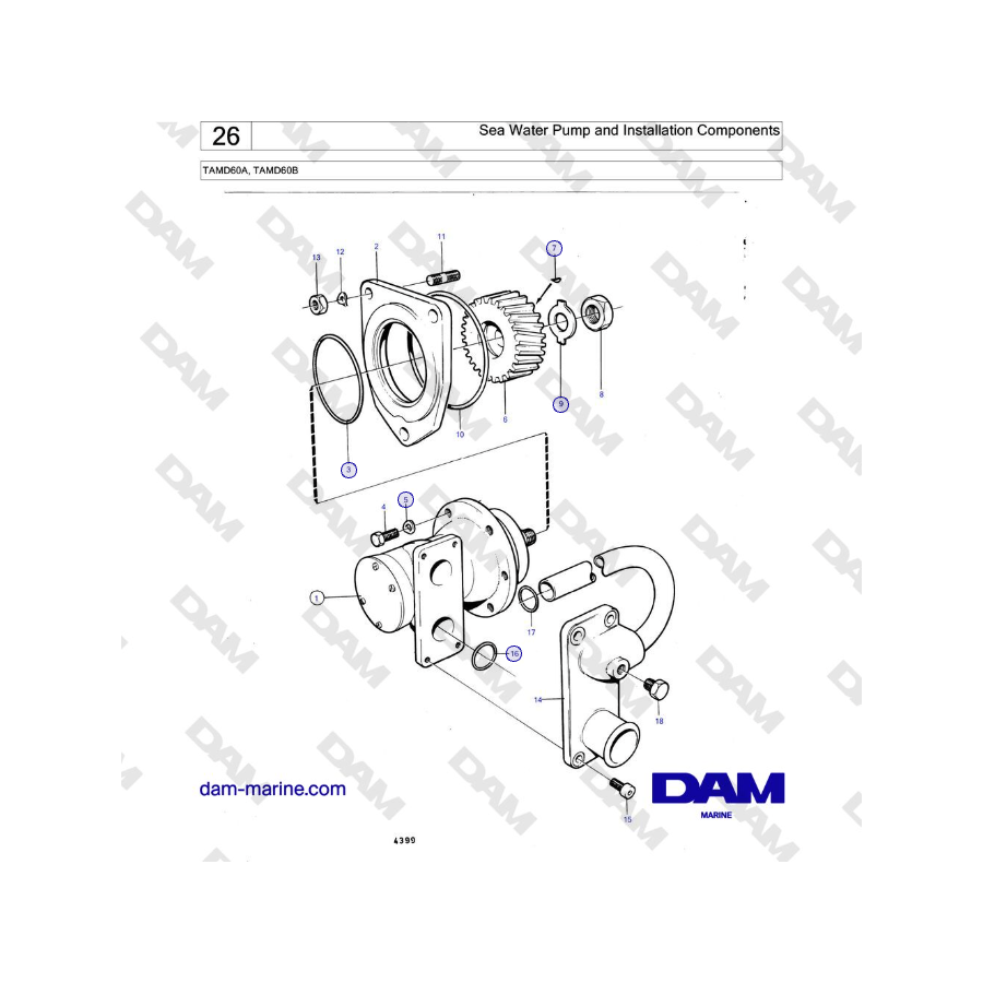 Volvo Penta TAMD60A, TAMD60B - Sea Water Pump and Installation Components