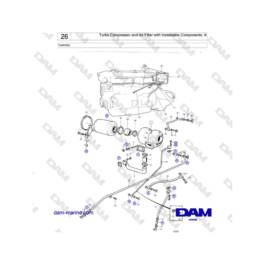 Volvo Penta TAMD60A - Turbocompresor y filtro de aire con componentes de instalación: A